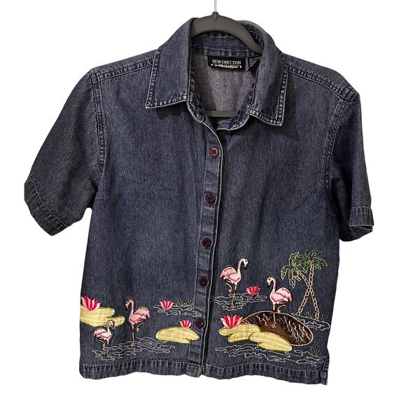 VTG New Direction Embroidered Flamingo Denim Button Front Shirt, size S - Picture 1 of 9
